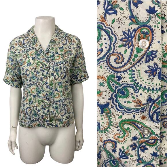 1960s Paisley Print Button Up Blouse Shirt Top / Women’s Small * - Picture 1 of 4